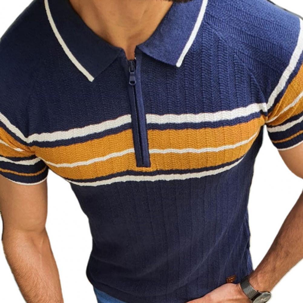 남성 폴로 셔츠 플러스 사이즈 패션 니트 대비 색상 남성 옷깃 지퍼 스트라이프 슬림 핏 탑 여름 폴로 셔츠, 2021